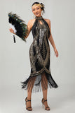 Bodycon Halter Preto Dourado Lantejoulas 1920s vestido com franjas
