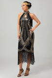 Bodycon Halter Preto Dourado Lantejoulas 1920s vestido com franjas