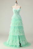 Verde Uma Linha Querida Corset Tiered Ruffled Long Prom Dress com Sequins