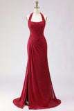 Vestido de baile comprido com renda de sereia vermelho escuro com contas e fenda