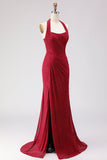 Vestido de baile comprido com renda de sereia vermelho escuro com contas e fenda