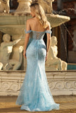 Vestido de Baile Longo Azul Brilhante com Ombro a Ombro e Lantejoulas