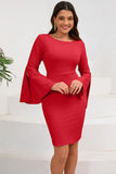 Bodycon Rosa Round Neck Midi Cocktail Dress com mangas compridas