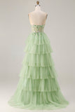 Vestido de baile de finalista de finalistas verde sem alças, A Line, Espartilho de Linha A com Folhos e Camadas