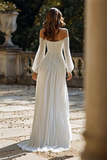 Vestido de Noiva Comprido em Chiffon Marfim com Ombros a Ombro e Linha-A