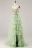 Vestido de baile de finalista de finalistas verde sem alças, A Line, Espartilho de Linha A com Folhos e Camadas