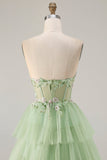 Vestido de baile de finalista de finalistas verde sem alças, A Line, Espartilho de Linha A com Folhos e Camadas