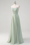 Matcha A Line Strapless Ruched Chiffon Vestido Longo Madrinha