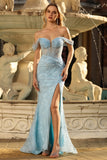 Vestido de Baile Longo Azul Brilhante com Ombro a Ombro e Lantejoulas