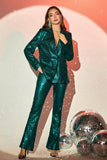 Sparkly Green Notched Lapela Sequins Fatos Femininos com Cinto
