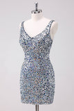 Sparkly Silver Bodycon V-Neck Vestido Curto Homecoming com Sequins