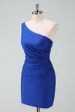 Royal Blue Um Ombro Bodycon Ruched Short Homecoming Dress