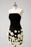 Preto Strapless Bodycon Vestido Curto Homecoming com flores 3D