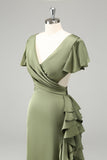 Olive V Pescoço Cetim Bainha Vestido de Noiva com Folhos