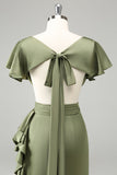 Olive V Pescoço Cetim Bainha Vestido de Noiva com Folhos