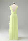 Limão Deep V Neck Ruffles Vestido de Noiva com Fenda