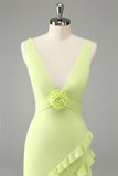 Limão Deep V Neck Ruffles Vestido de Noiva com Fenda