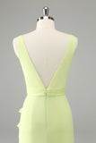 Limão Deep V Neck Ruffles Vestido de Noiva com Fenda