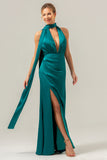 Flor Branca Azul Deep V Neck Streamer Backless Long Bridesmaid Dress com Fenda