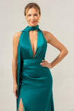 Flor Branca Azul Deep V Neck Streamer Backless Long Bridesmaid Dress com Fenda