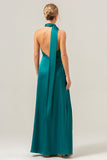 Flor Branca Azul Deep V Neck Streamer Backless Long Bridesmaid Dress com Fenda