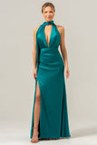 Flor Branca Azul Deep V Neck Streamer Backless Long Bridesmaid Dress com Fenda