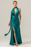 Flor Branca Azul Deep V Neck Streamer Backless Long Bridesmaid Dress com Fenda