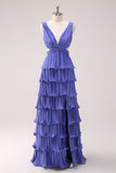 Roxo A-Line Deep V Neck Tiered vestido de dama de honra longa com fenda