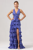 Roxo A-Line V Neck plissado Tiered Lace Up Back Long Vestido de Madrinha com Fenda