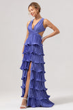 Roxo A-Line V Neck plissado Tiered Lace Up Back Long Vestido de Madrinha com Fenda