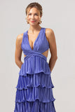 Roxo A-Line V Neck plissado Tiered Lace Up Back Long Vestido de Madrinha com Fenda