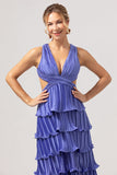 Roxo A-Line V Neck plissado Tiered Lace Up Back Long Vestido de Madrinha com Fenda