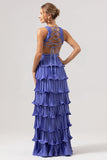 Roxo A-Line V Neck plissado Tiered Lace Up Back Long Vestido de Madrinha com Fenda