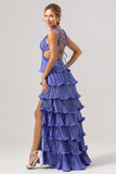 Roxo A-Line V Neck plissado Tiered Lace Up Back Long Vestido de Madrinha com Fenda
