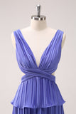 Roxo A-Line Deep V Neck Tiered vestido de dama de honra longa com fenda