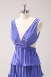 Roxo A-Line Deep V Neck Tiered vestido de dama de honra longa com fenda