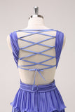 Roxo A-Line Deep V Neck Tiered vestido de dama de honra longa com fenda