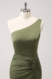 Olive One Shoulder Sereia Cetim Vestido Longo Madrinha