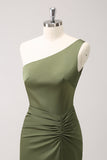 Olive One Shoulder Sereia Cetim Vestido Longo Madrinha