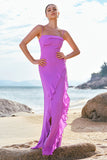Tahiti Esparguete Alças Chiffon Vestido Longo Madrinha com Folhos