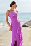 Tahiti Esparguete Alças Chiffon Vestido Longo Madrinha com Folhos