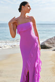 Tahiti Esparguete Alças Chiffon Vestido Longo Madrinha com Folhos