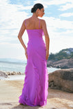 Tahiti Esparguete Alças Chiffon Vestido Longo Madrinha com Folhos