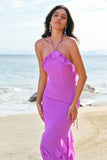 Halter Tahiti Sereia Chiffon Vestido Madrinha com Folhos