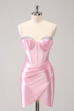 Elegante cintilante rosa espaguete correias espartilho apertado homecoming vestido com friso