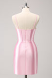 Elegante cintilante rosa espaguete correias espartilho apertado homecoming vestido com friso