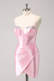 Elegante cintilante rosa espaguete correias espartilho apertado homecoming vestido com friso