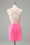 Glitter Hot Pink Bodycon Esparguete Correias Sequins Vestido Curto Homecoming