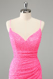 Glitter Hot Pink Bodycon Esparguete Correias Sequins Vestido Curto Homecoming