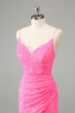 Glitter Hot Pink Bodycon Esparguete Correias Sequins Vestido Curto Homecoming